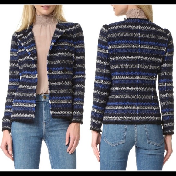 Rebecca Taylor Striped Tweed Fringe Trim Double Breasted Blazer Jacket - Picture 8 of 8